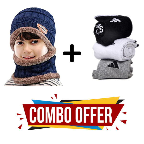 Winter Warm Hat Kid's Outdoor Sports Headging Hat Scarf Set Boys Girls Warm Fleece Cap Scarf Set With 3 Pair Cotton Socks Combo